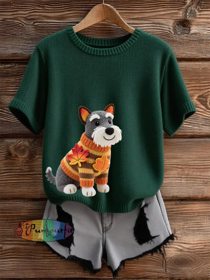 Women’s Autumn Dog Art Print O Neck Short Sleeve T shirt Dark Green / S