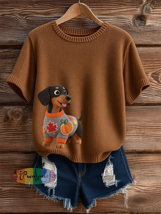 Women’s Autumn Dog Art Print Short SleeveT shirt Brown / S