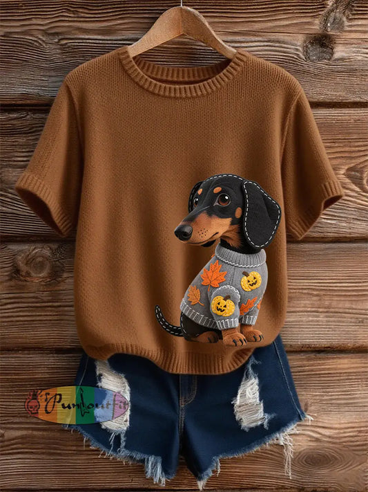 Women’s Autumn Dog Art Print Short SleeveT shirt Brown / S