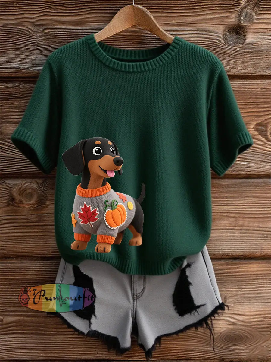 Women’s Autumn Dog Art Print Short SleeveT shirt Dark Green / S