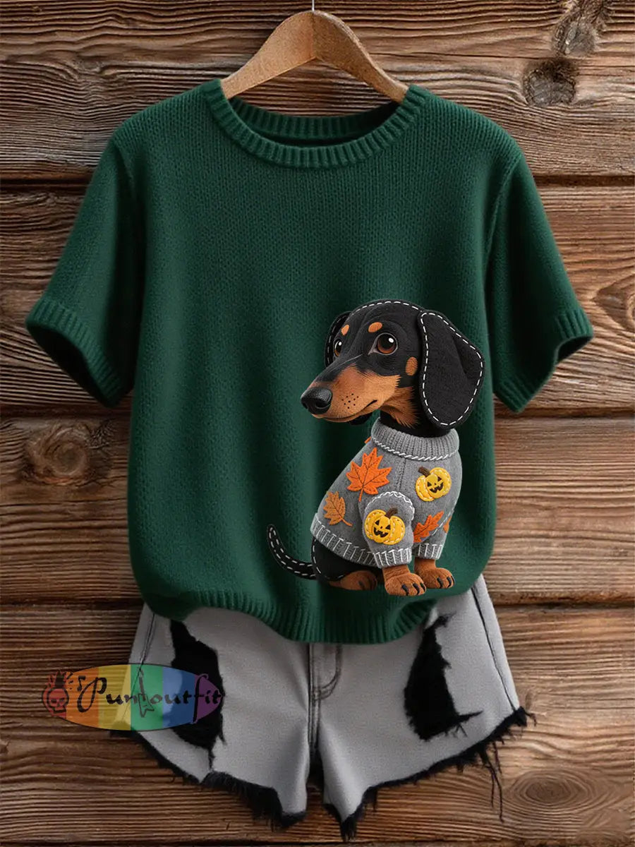 Women’s Autumn Dog Art Print Short SleeveT shirt Dark Green / S