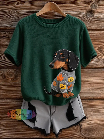 Women’s Autumn Dog Art Print Short SleeveT shirt Dark Green / S