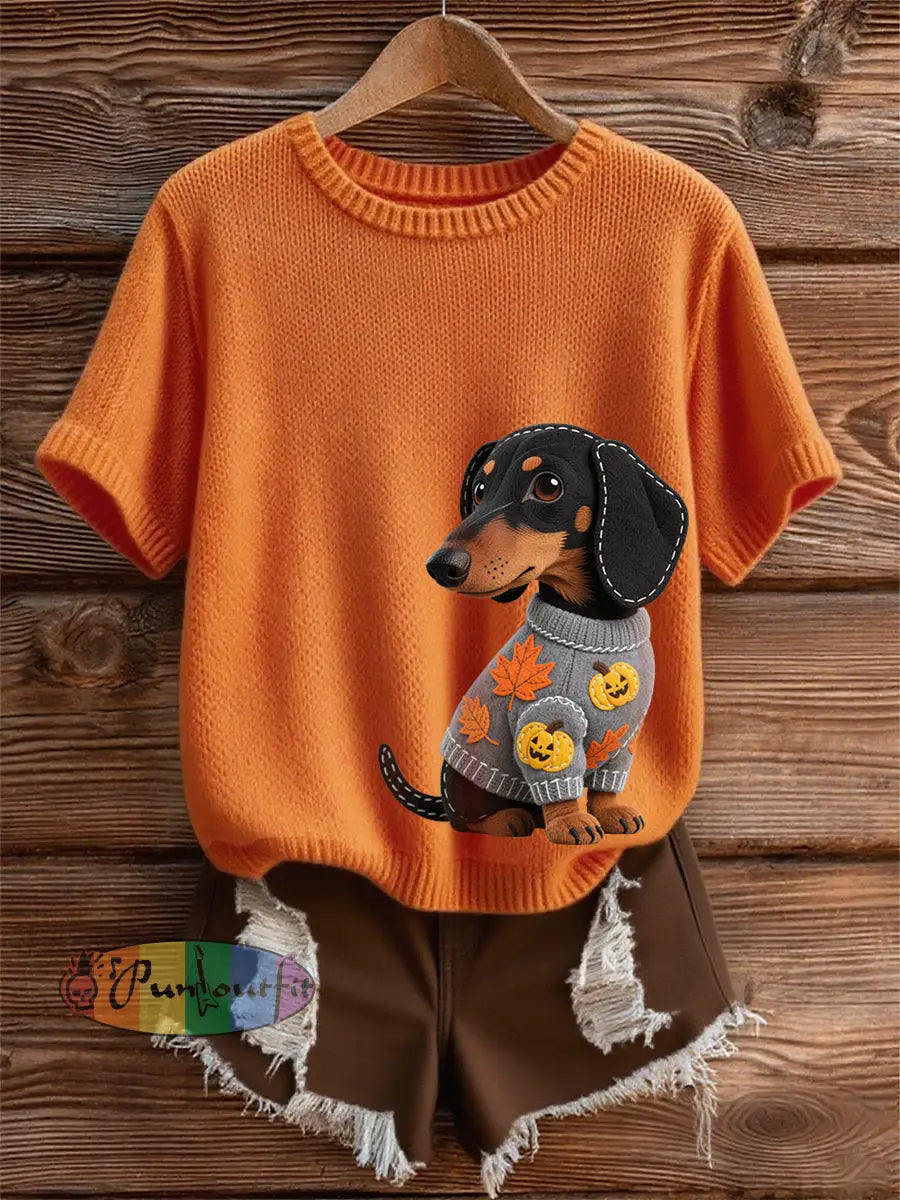Women’s Autumn Dog Art Print Short SleeveT shirt Orange / S