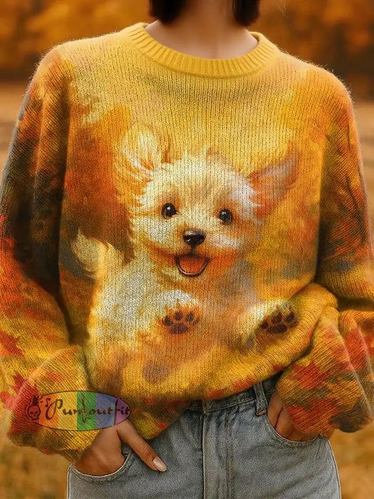 Women’s Autumn Dog Art Print Sweatshirt As picture / S