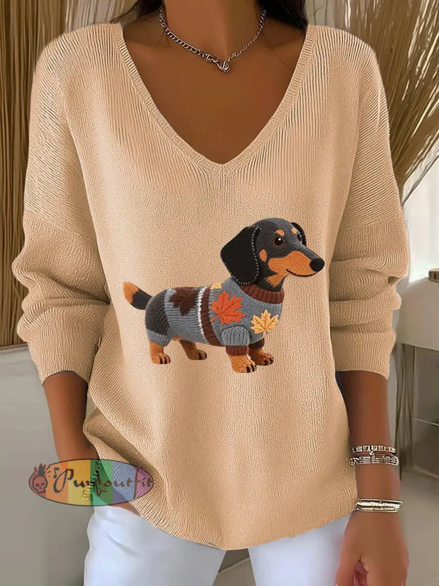 Women’s Autumn Dog Art Print V Neck Ribbed Top Apricot / S
