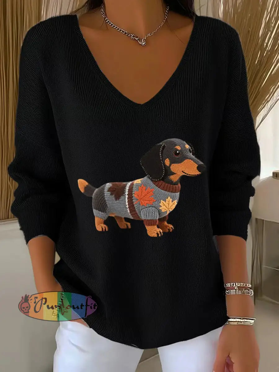 Women’s Autumn Dog Art Print V Neck Ribbed Top Black / S
