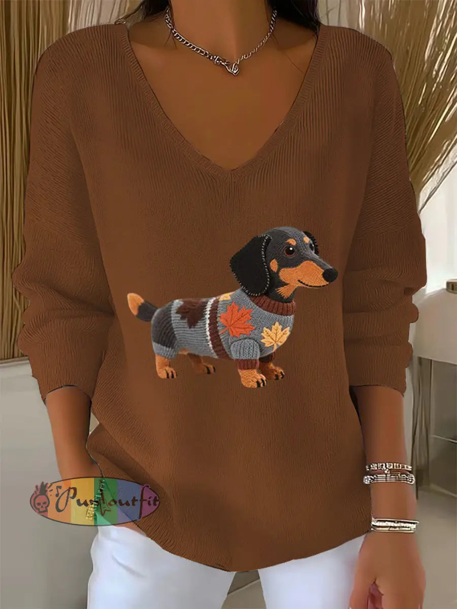 Women’s Autumn Dog Art Print V Neck Ribbed Top Brown / S