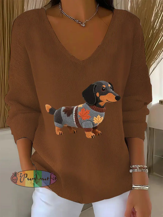 Women’s Autumn Dog Art Print V Neck Ribbed Top Brown / S