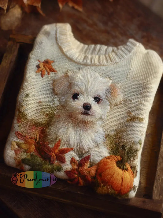 Women’s Autumn Dog Embroidery Raglan Print Knit Sweater White / S