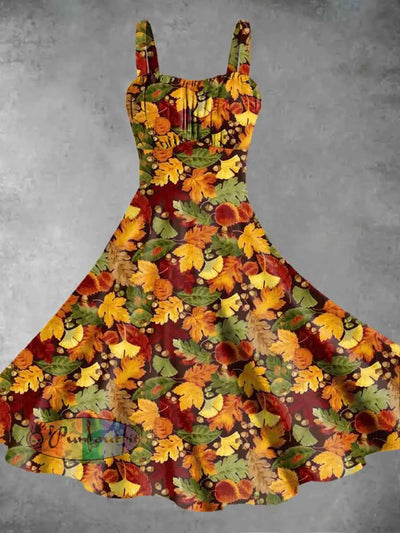 Women’s Autumn Maple Leaf Printed Suspender Dress As Picture / S