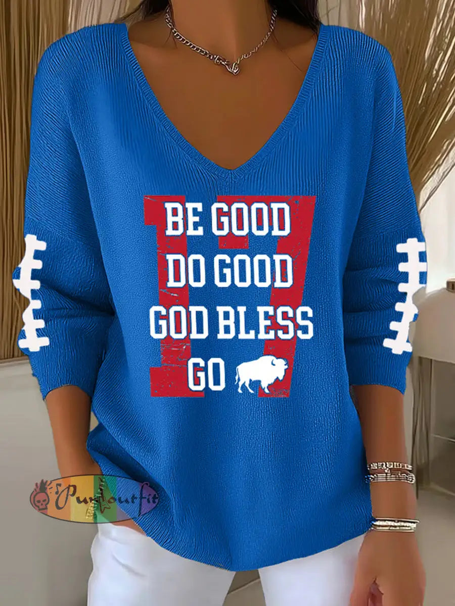 Women’s Be Good Do Good God Bless Go Buffalo Football Fans Lovers Gameday Casual Long-Sleeve Top Blue / S
