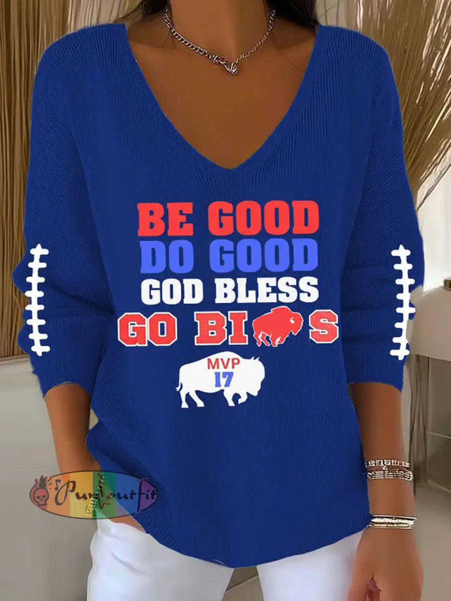 Women’s Be Good Do Good God Bless Go Buffalo Football Fans Lovers Gameday Casual Long-Sleeve Top Blue / S