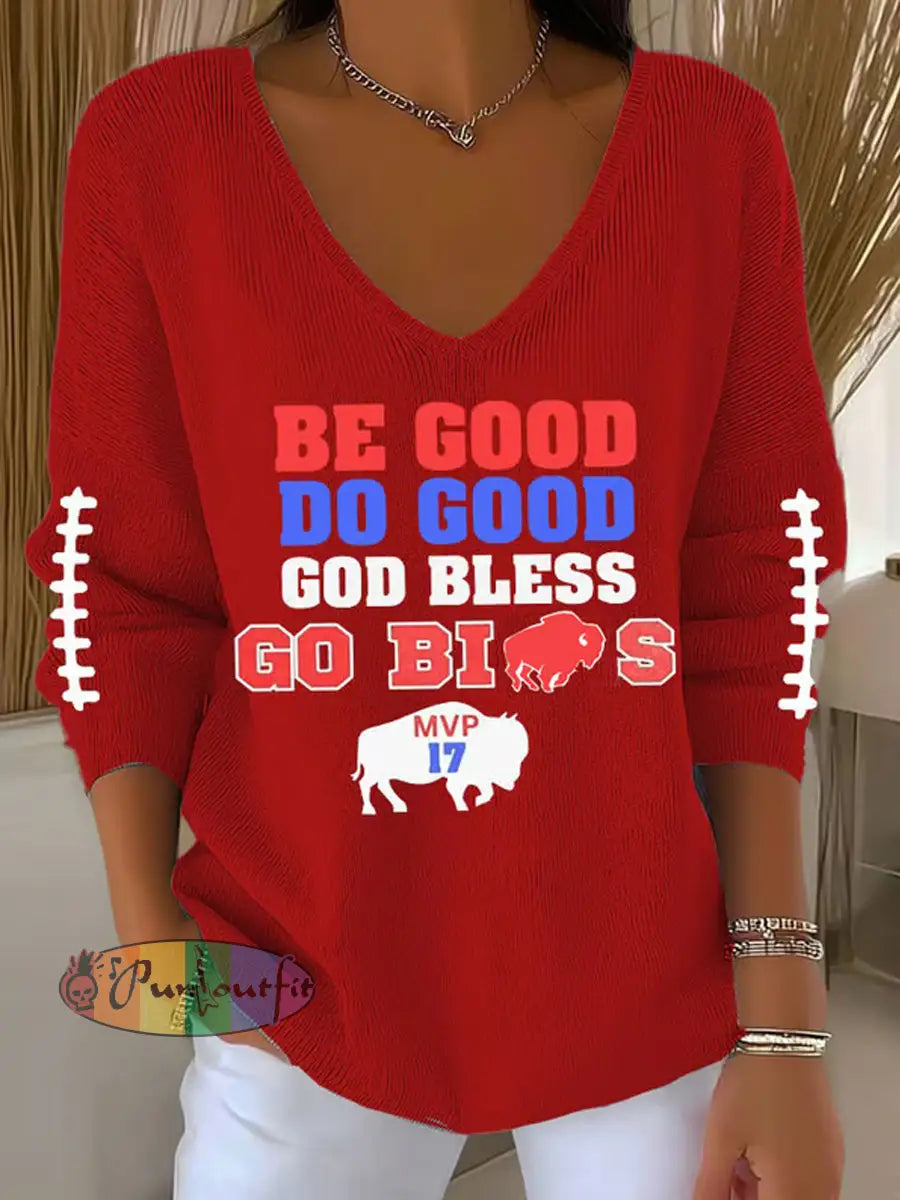 Women’s Be Good Do Good God Bless Go Buffalo Football Fans Lovers Gameday Casual Long-Sleeve Top Red / S