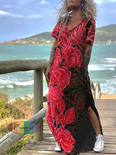 Women’s Big Rose Print Design Short Sleeve Maxi Dress Red / S