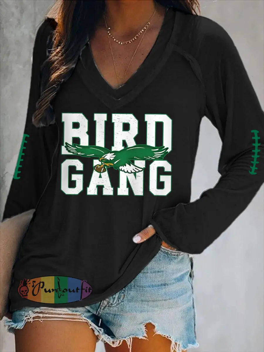 Women’s Bird Gang Football Fans Lovers Gameday Casual V Neck Long Sleeve T Shirt Black / S