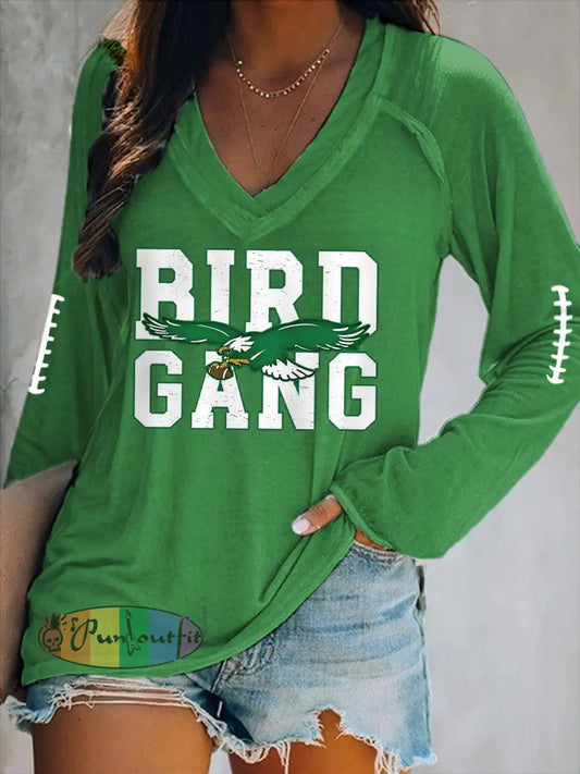 Women’s Bird Gang Football Fans Lovers Gameday Casual V Neck Long Sleeve T Shirt Green / S
