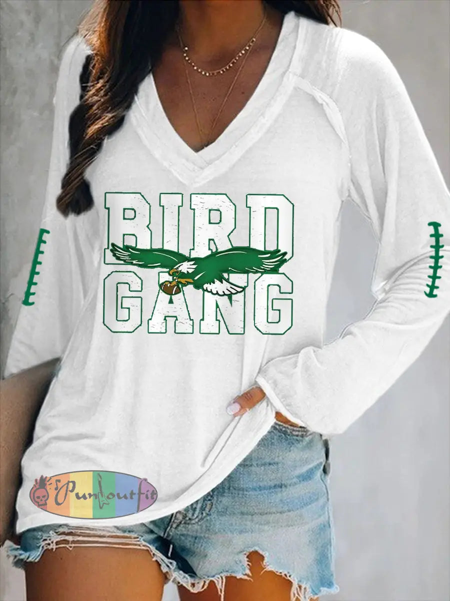 Women’s Bird Gang Football Fans Lovers Gameday Casual V Neck Long Sleeve T Shirt White / S