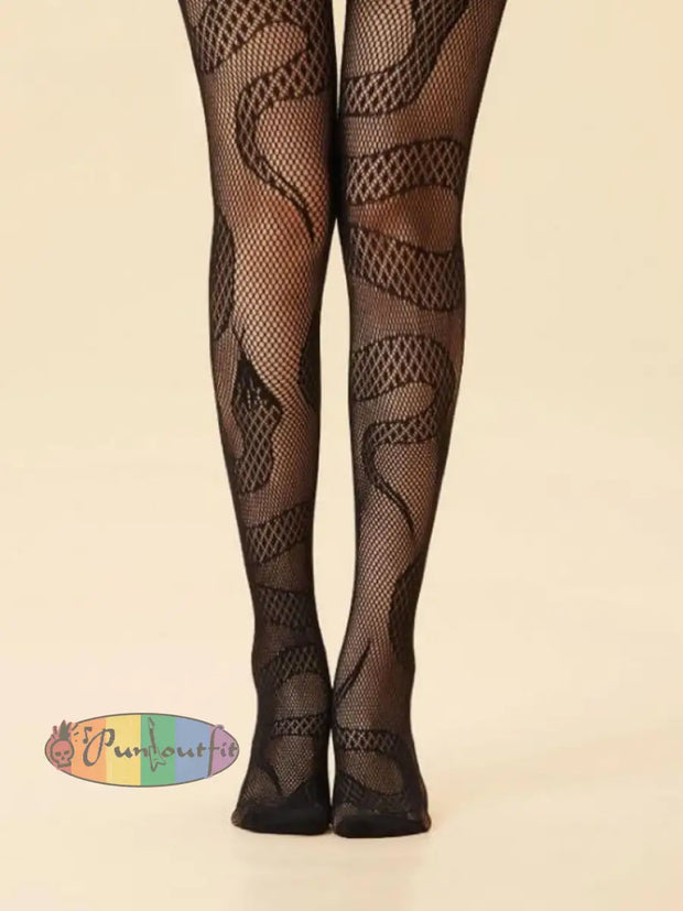 Women’s Black Punk Serpentine Cutout Fishnet Stockings Acc