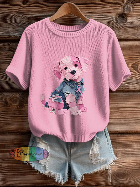 Women’s Breast Cancer Awareness Denim Puppy Print T Shirt Pink / S