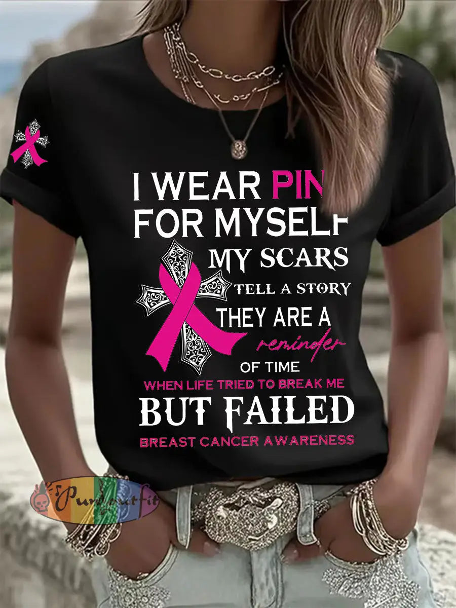 Women’s Breast Cancer Awareness I Wear Pink For Myself Print Casual T Shirt Black / S