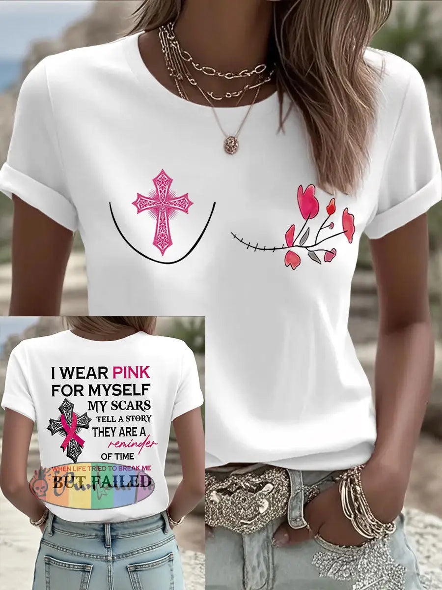 Women’s Breast Cancer Awareness I Wear Pink For Myself Print Casual T Shirt White / S