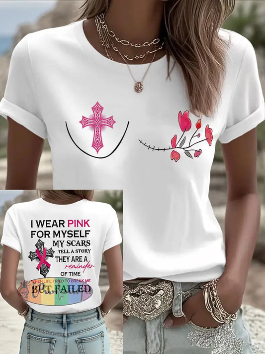 Women’s Breast Cancer Awareness I Wear Pink For Myself Print Casual T Shirt White / S