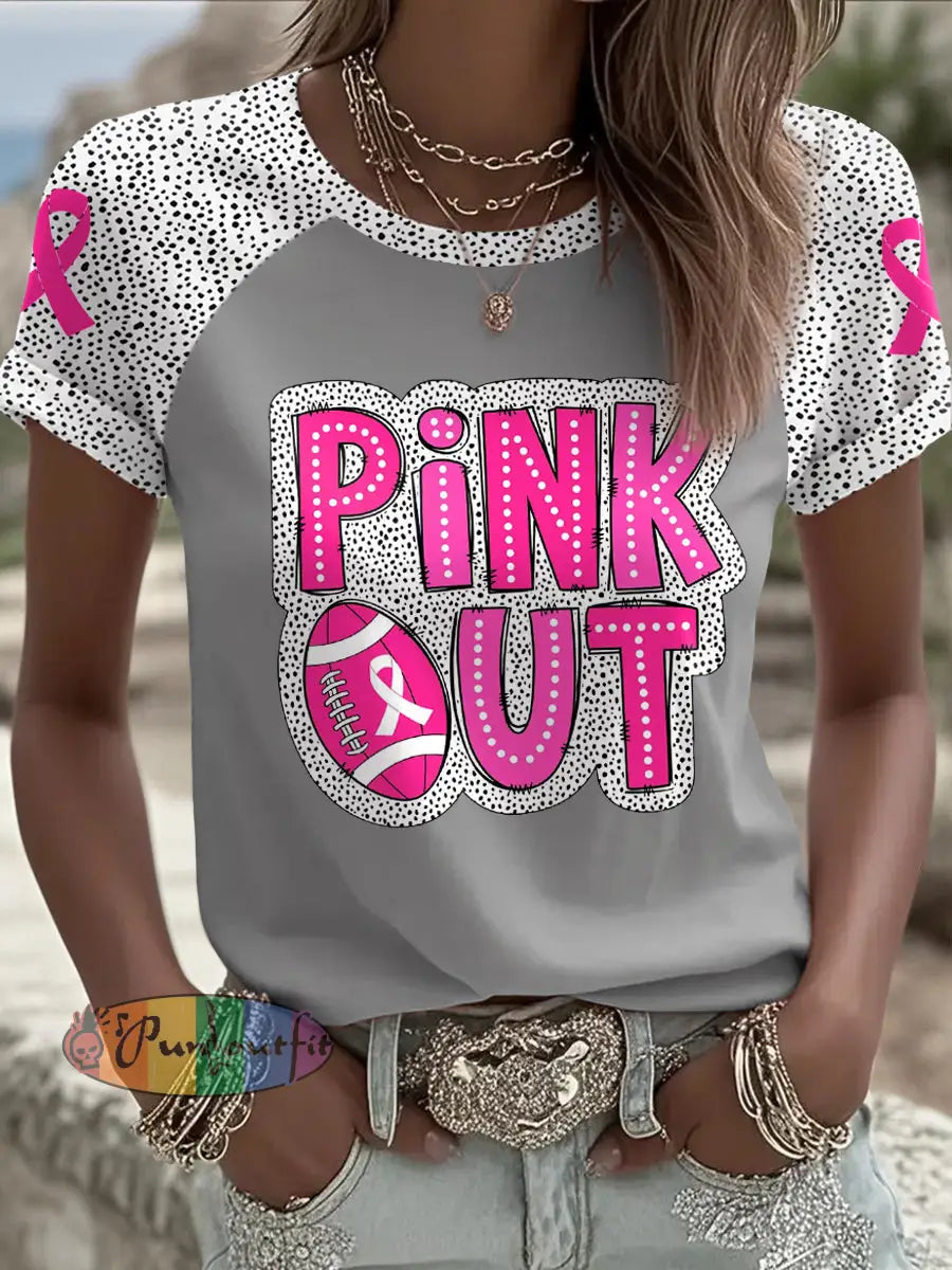 Women’s Breast Cancer Awareness Pink Out Football Printed T shirt Light Gray / S