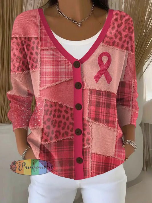 Women’s Breast Cancer Awareness Pink Ribbon Print Casual Cardigan As picture / S