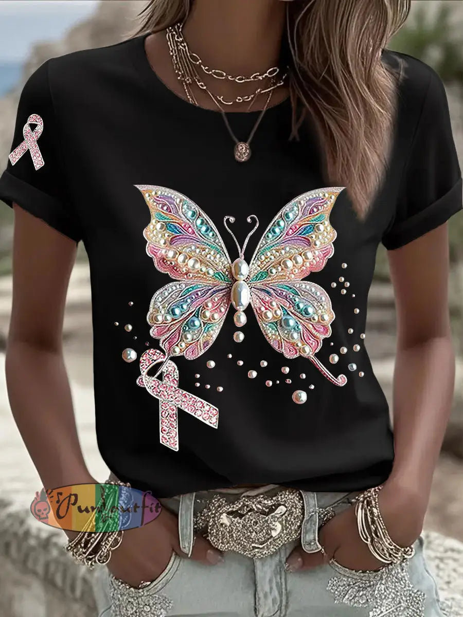 Women’s Breast Cancer Awareness Pink Ribbon Print Casual T shirt Black / S
