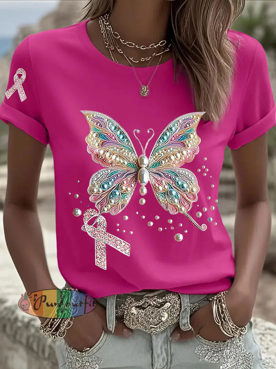 Women’s Breast Cancer Awareness Pink Ribbon Print Casual T shirt Rose Red / S