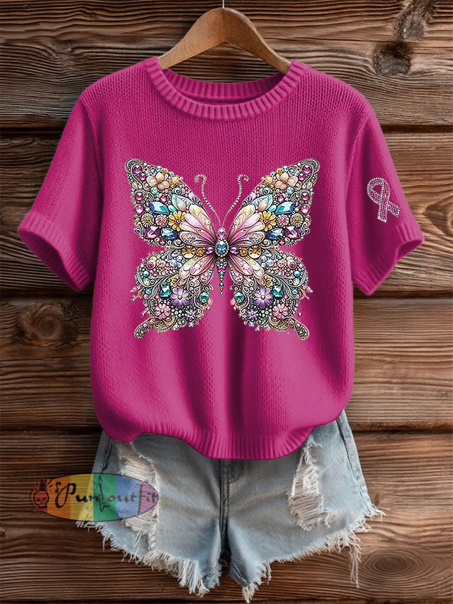 Women’s Breast Cancer Awareness Pink Ribbon Print Casual T shirt Rose Red / S