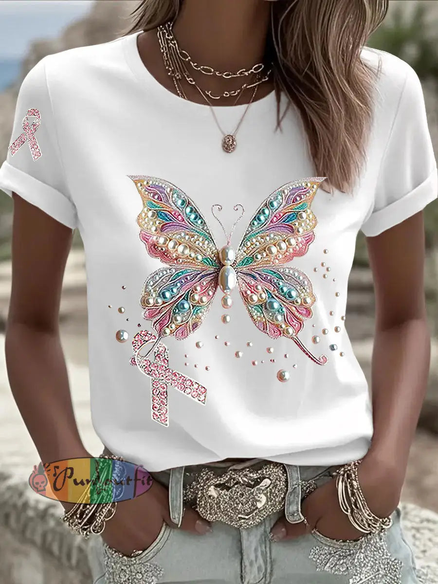Women’s Breast Cancer Awareness Pink Ribbon Print Casual T shirt White / S