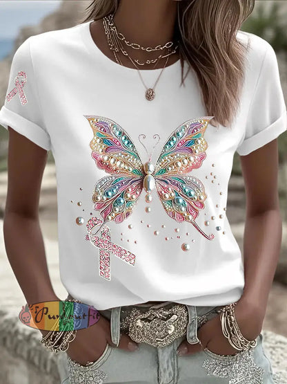 Women’s Breast Cancer Awareness Pink Ribbon Print Casual T shirt White / S