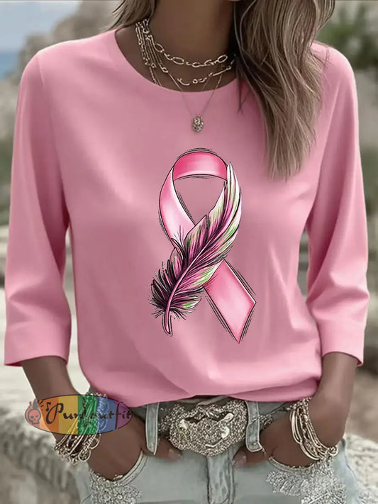 Women’s Breast Cancer Awareness Pink Ribbon Printed Long Sleeve Shirt Light Pink / S