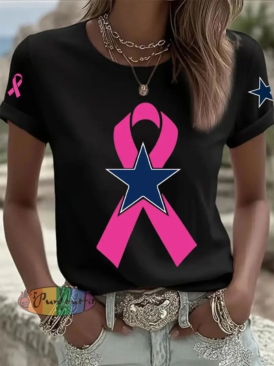 Women’s Breast Cancer Awareness Printed Casual T Shirt Black / S