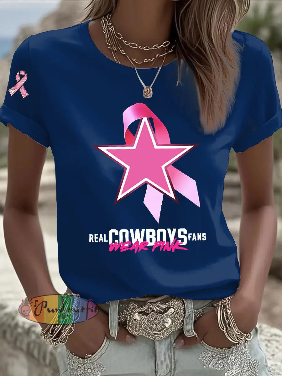 Women’s Breast Cancer Awareness Printed Casual T Shirt Navy Blue / S