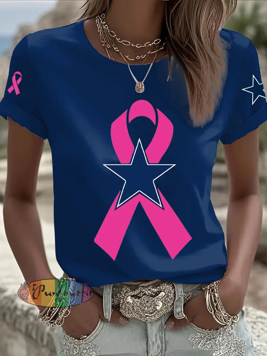 Women’s Breast Cancer Awareness Printed Casual T Shirt Navy Blue / S