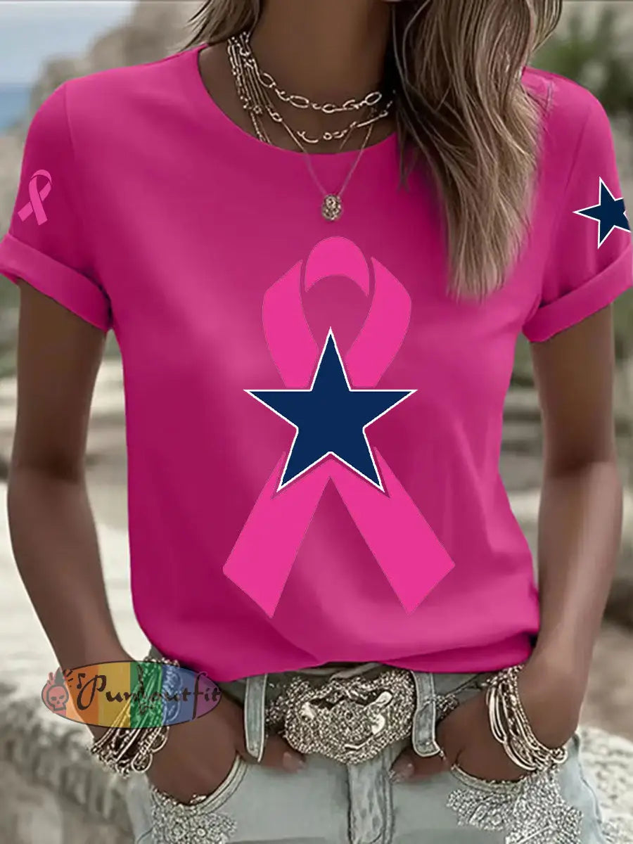 Women’s Breast Cancer Awareness Printed Casual T Shirt Rose Red / S