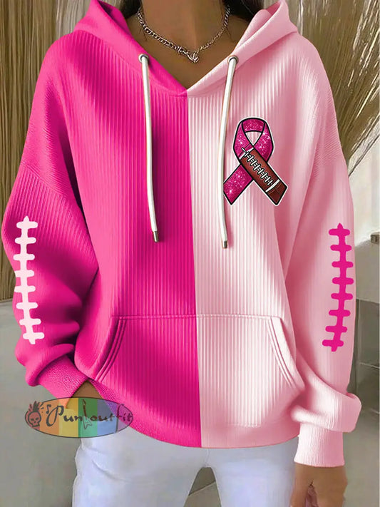 Women’s Breast Cancer Awareness Rugby Pink Ribbon Print Casual Hoodie Pink / S