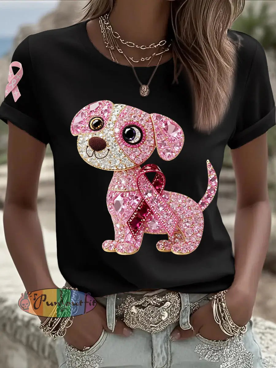 Women’s Breast Cancer Awareness Support Pink Dog Pink Ribbon Print Short Sleeve Top Black / S