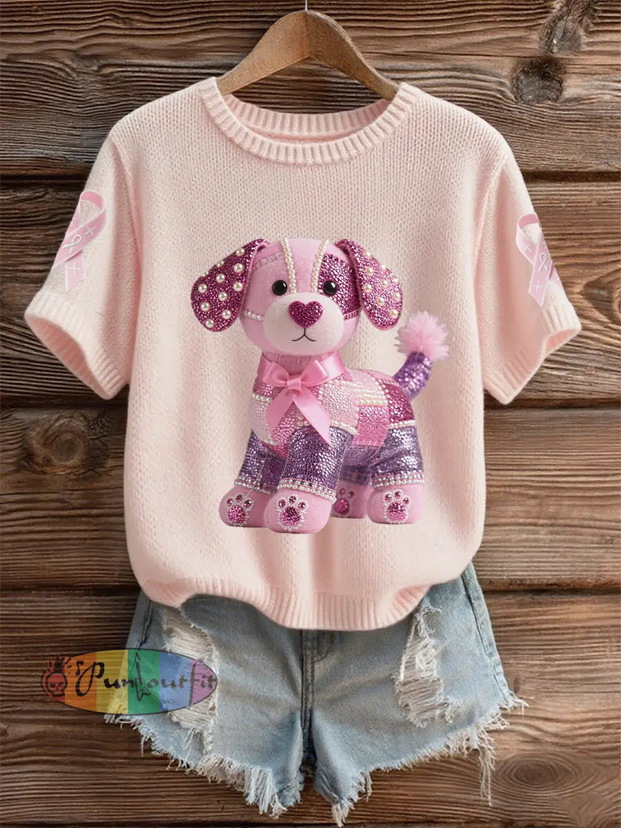 Women’s Breast Cancer Awareness Support Pink Dog Pink Ribbon Print Short Sleeve Top Light Pink / S