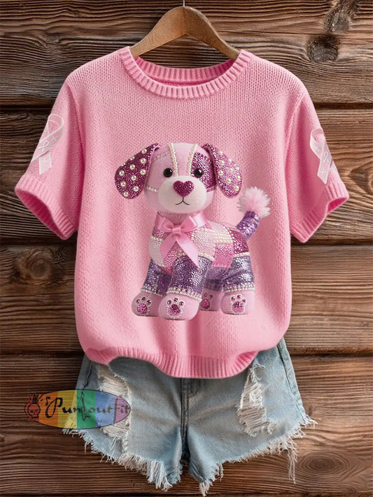 Women’s Breast Cancer Awareness Support Pink Dog Pink Ribbon Print Short Sleeve Top Pink / S