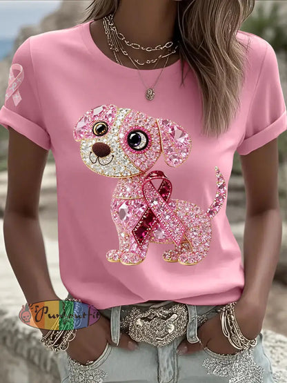 Women’s Breast Cancer Awareness Support Pink Dog Pink Ribbon Print Short Sleeve Top Pink / S