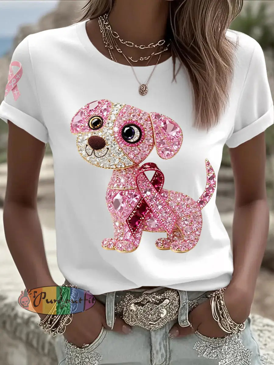 Women’s Breast Cancer Awareness Support Pink Dog Pink Ribbon Print Short Sleeve Top White / S