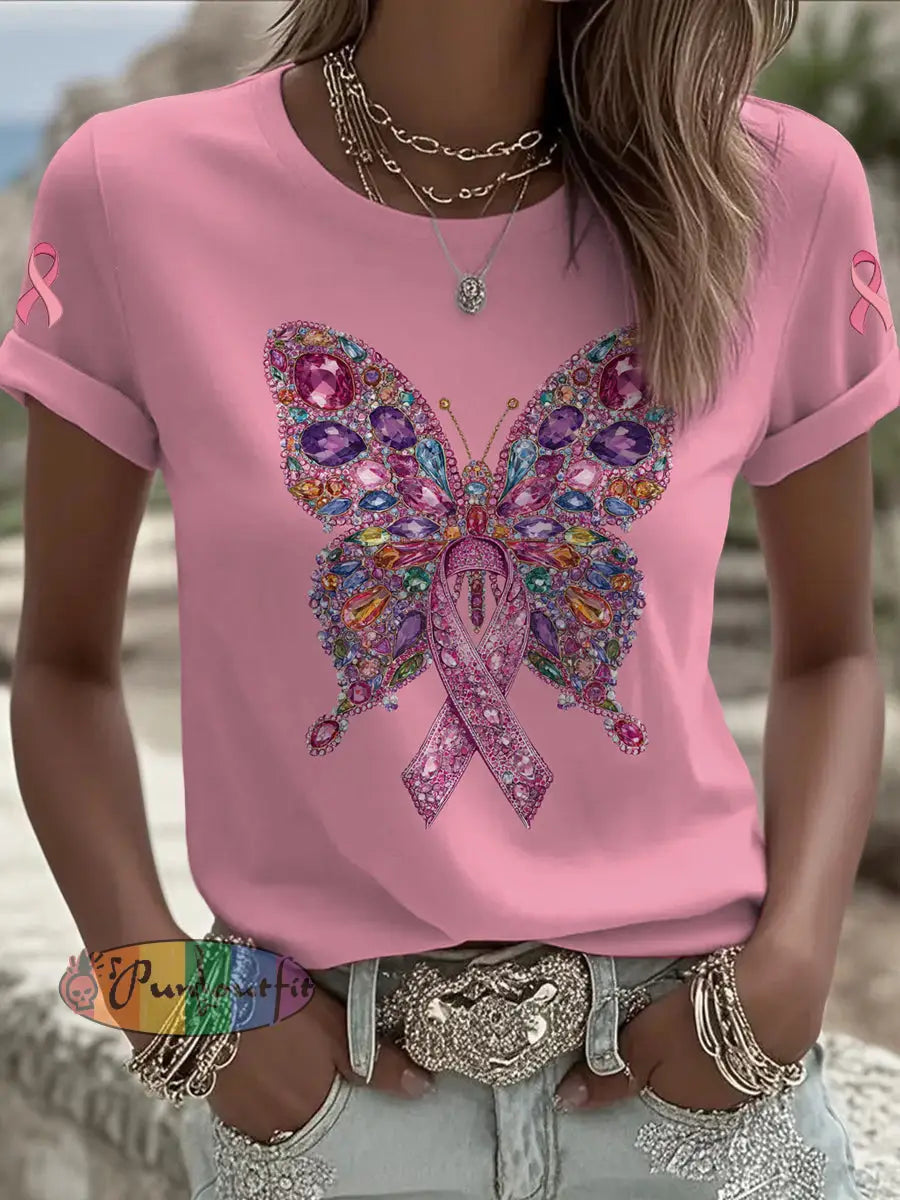 Women’s Breast Cancer Butterfly Printed Vintage Fashion Loose Short Sleeve T Shirt Pink / S