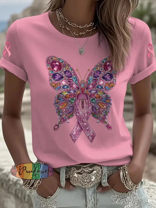 Women’s Breast Cancer Butterfly Printed Vintage Fashion Loose Short Sleeve T Shirt Pink / S