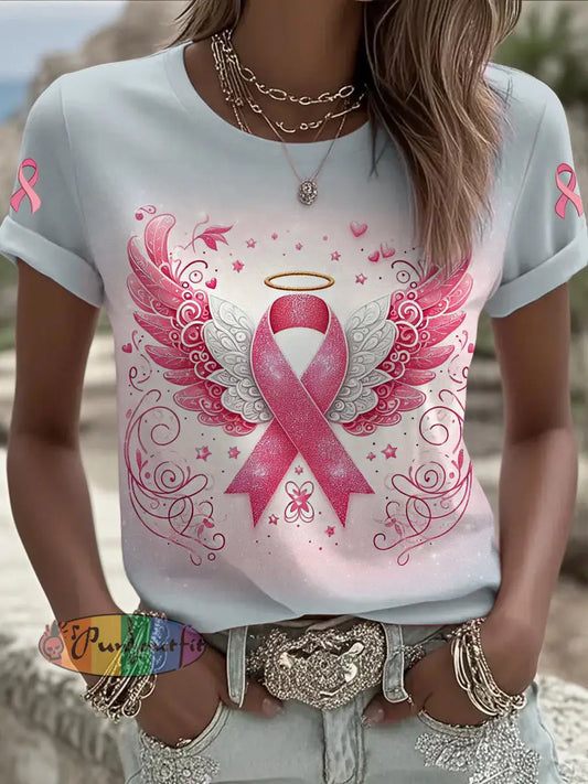 Women’s Breast Cancer Printed Vintage Fashion Loose Short Sleeve T Shirt Pink / S