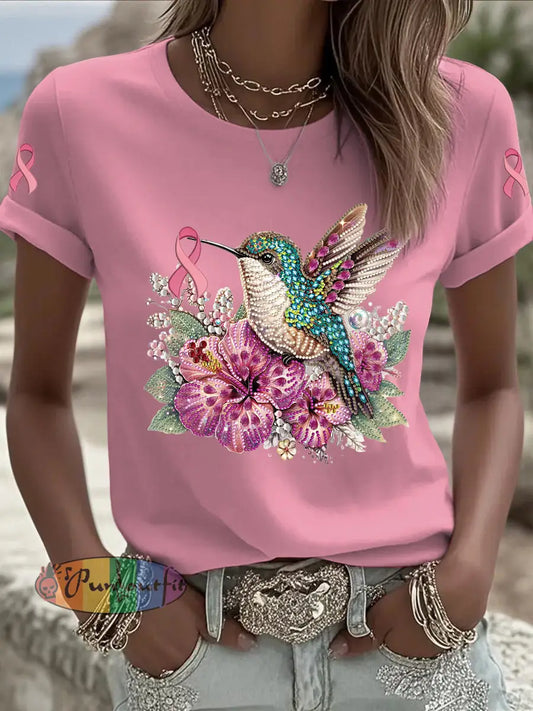 Women’s Breast Cancer Sequins Hummingbird Printed Vintage Fashion Loose Short Sleeve T Shirt Pink / S