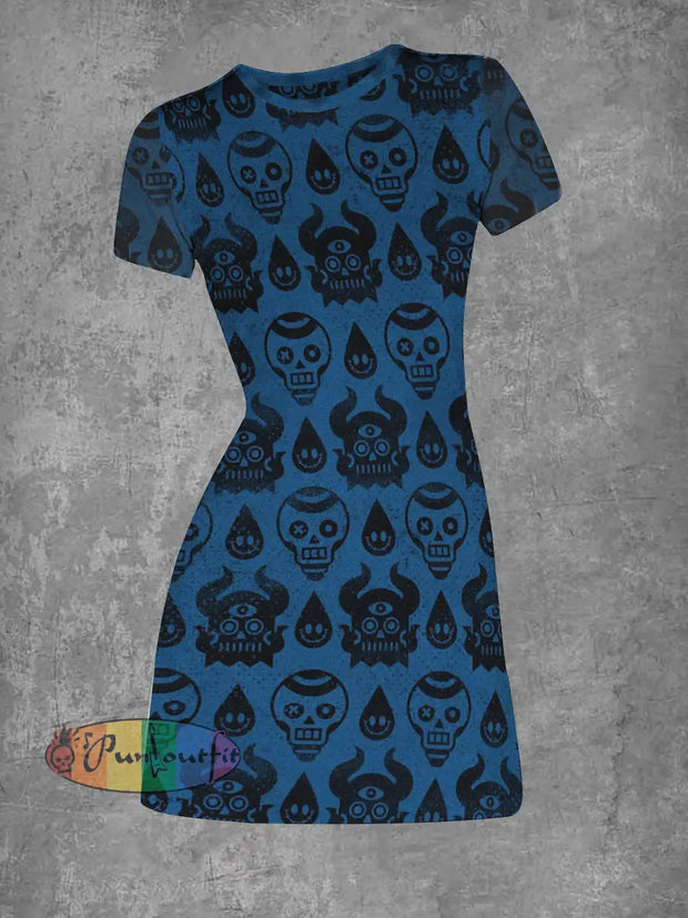 Women’s Cartoon Skull Abstract Print Casual Mini Dress Blue / S