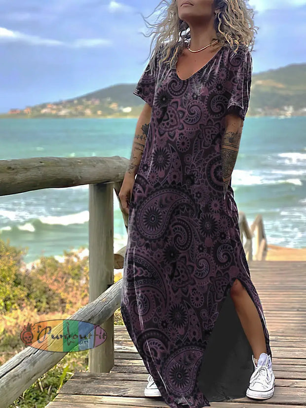 Women’s Cashew Flowers Print Design Short Sleeve Maxi Dress Purple / S